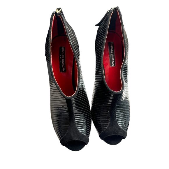CHARLES JOURDAN BLACK PATENT LEATHER PEEP TOE STILETTO BOOTIES, WOMEN’S 9M - Picture 3 of 5